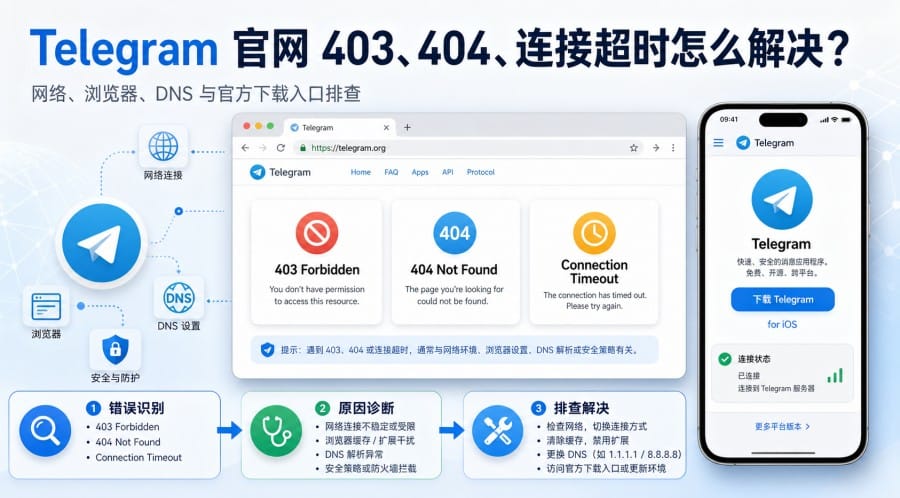 Telegram 官网出现 403、404 或连接超时：原因与排查方法
