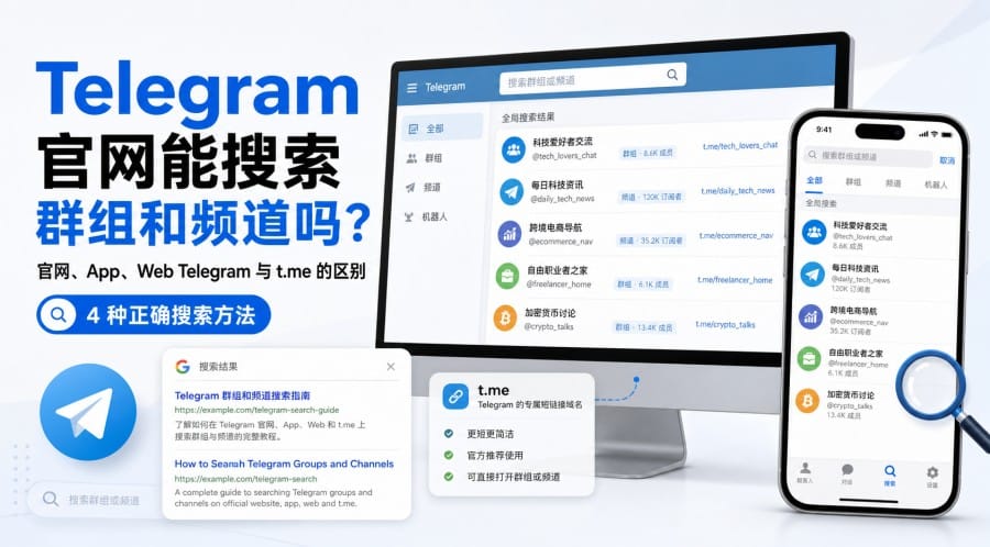 Telegram 官网能搜索群组和频道吗？4 种查找方法与入口区别